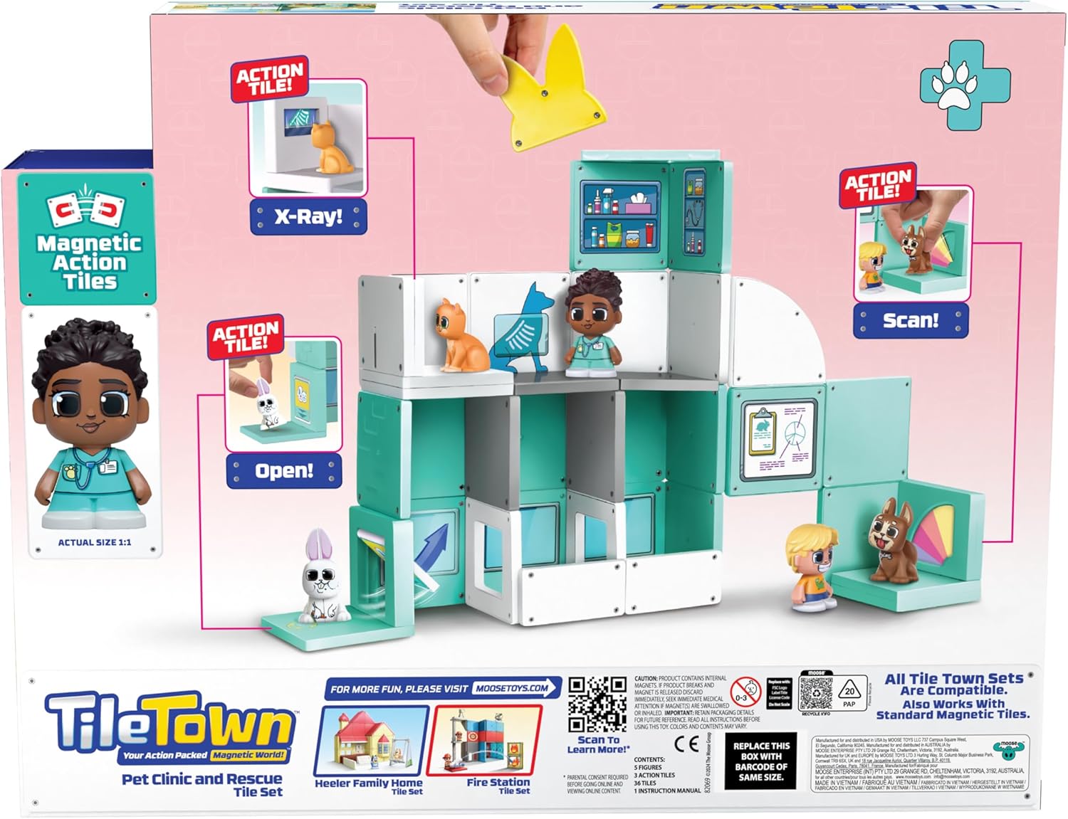 Tile Town Pet Vet Magnetic Tiles Construction Building Playset + Figures, Kids 3-5+, New ACTION TILES for Action Play, Realistic Builds, STEM Creative Toy, Great Gift for Boys & Girls