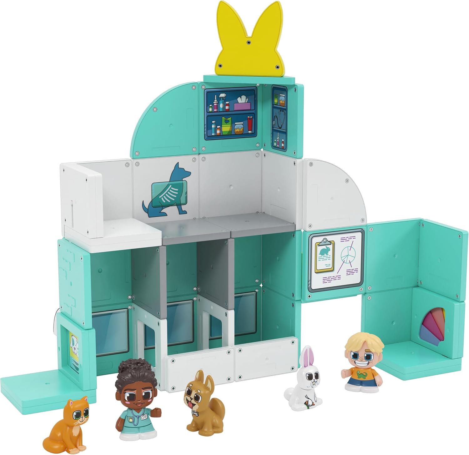 Tile Town Pet Vet Magnetic Tiles Construction Building Playset + Figures, Kids 3-5+, New ACTION TILES for Action Play, Realistic Builds, STEM Creative Toy, Great Gift for Boys & Girls