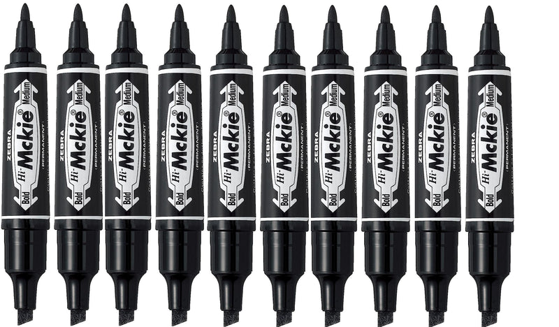 ZEBRA Pen Dual Tip Permanent Marker Pens, Twin Tip Marker Pen Set, Bullet Tip & Chisel Tip Permanent Pens For Style & Convenience, Reliable Black Marker Pens, 10 Pack - Black Ink