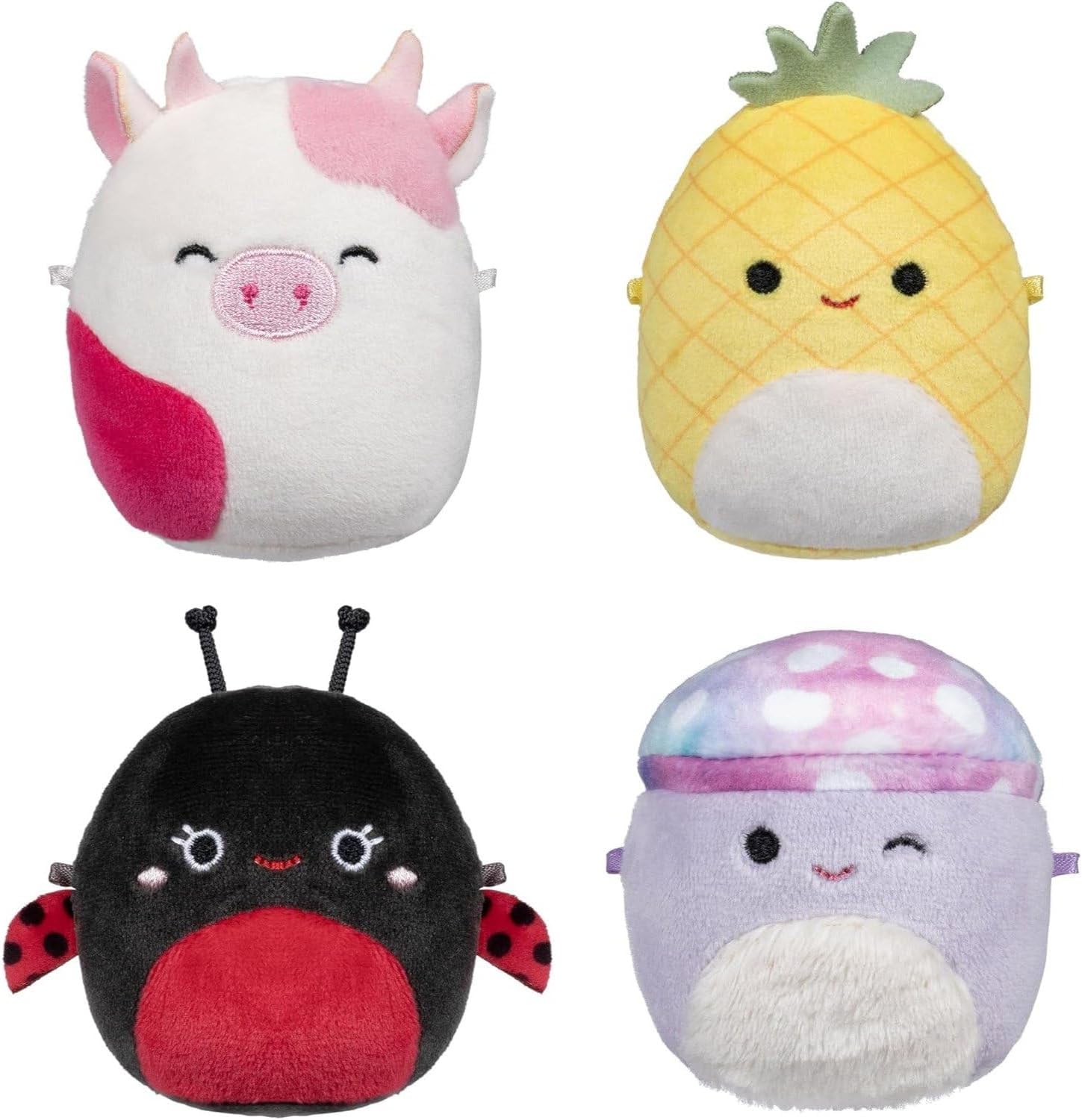 Squishmallows Micromallows Original Plush 4-Pack - Trudy Ladybug, Caedyn Cow, Maui Pineapple and Minya Mushroom