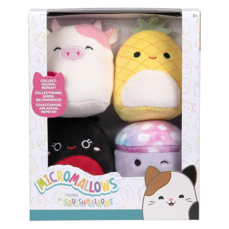 Squishmallows Micromallows Original Plush 4-Pack - Trudy Ladybug, Caedyn Cow, Maui Pineapple and Minya Mushroom