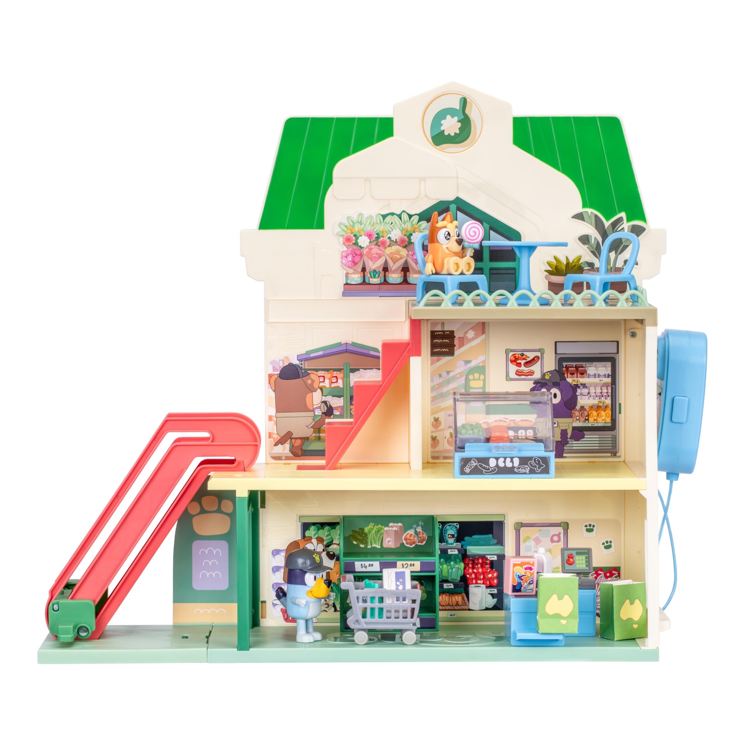 BlueY Blueys Supermarkt-Spielset, 3 Verschiedene Etagen mit exklusiven Bingo-Figuren. Mit funktionierender Rolltreppe, 24 Geräuschen, über 15 Zubehörteilen & Gegensprechanlage