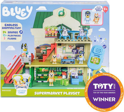 BlueY Blueys Supermarkt-Spielset, 3 Verschiedene Etagen mit exklusiven Bingo-Figuren. Mit funktionierender Rolltreppe, 24 Geräuschen, über 15 Zubehörteilen & Gegensprechanlage