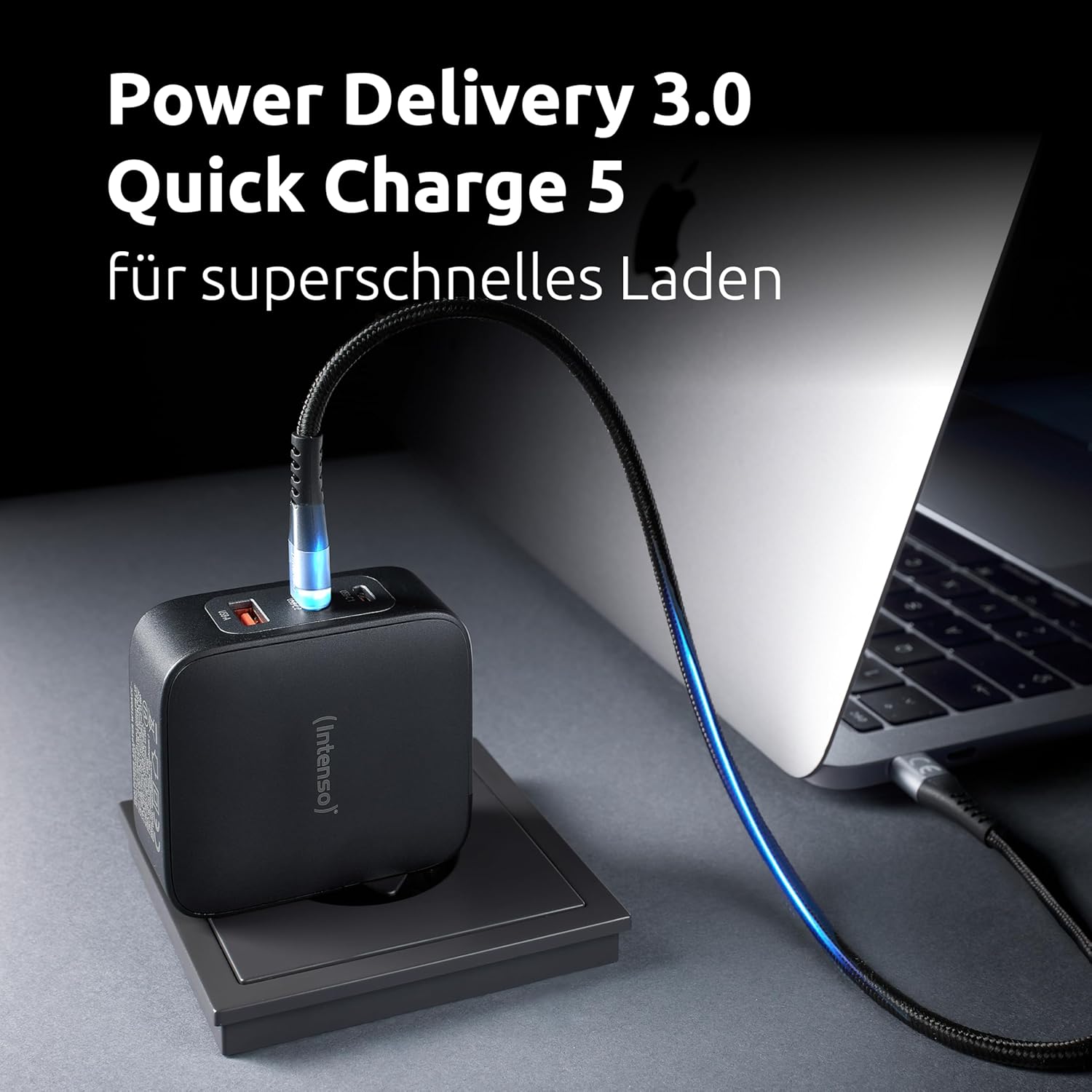 Intenso Power Adapter W100ACC GaN + C520C, 2 x USB-A, alimentatore di rete fino a 100 W, ricarica rapida (PD 3.1, PPS e QC 4.0) + USB-C a C dati + cavo di ricarica per iPhone, Samsung Galaxy, colore