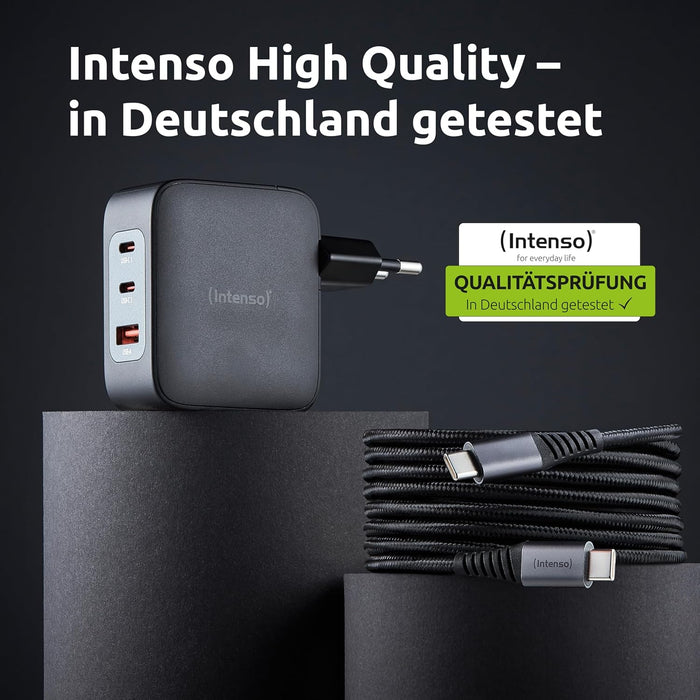 Intenso Power Adapter W100ACC GaN + C520C, 2 x USB-A, alimentatore di rete fino a 100 W, ricarica rapida (PD 3.1, PPS e QC 4.0) + USB-C a C dati + cavo di ricarica per iPhone, Samsung Galaxy, colore
