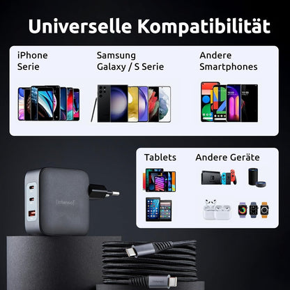 Intenso Power Adapter W100ACC GaN + C520C, 2 x USB-A, alimentatore di rete fino a 100 W, ricarica rapida (PD 3.1, PPS e QC 4.0) + USB-C a C dati + cavo di ricarica per iPhone, Samsung Galaxy, colore