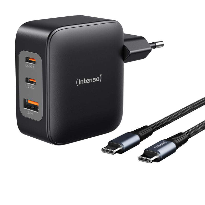 Intenso Power Adapter W100ACC GaN + C520C, 2 x USB-A, alimentatore di rete fino a 100 W, ricarica rapida (PD 3.1, PPS e QC 4.0) + USB-C a C dati + cavo di ricarica per iPhone, Samsung Galaxy, colore