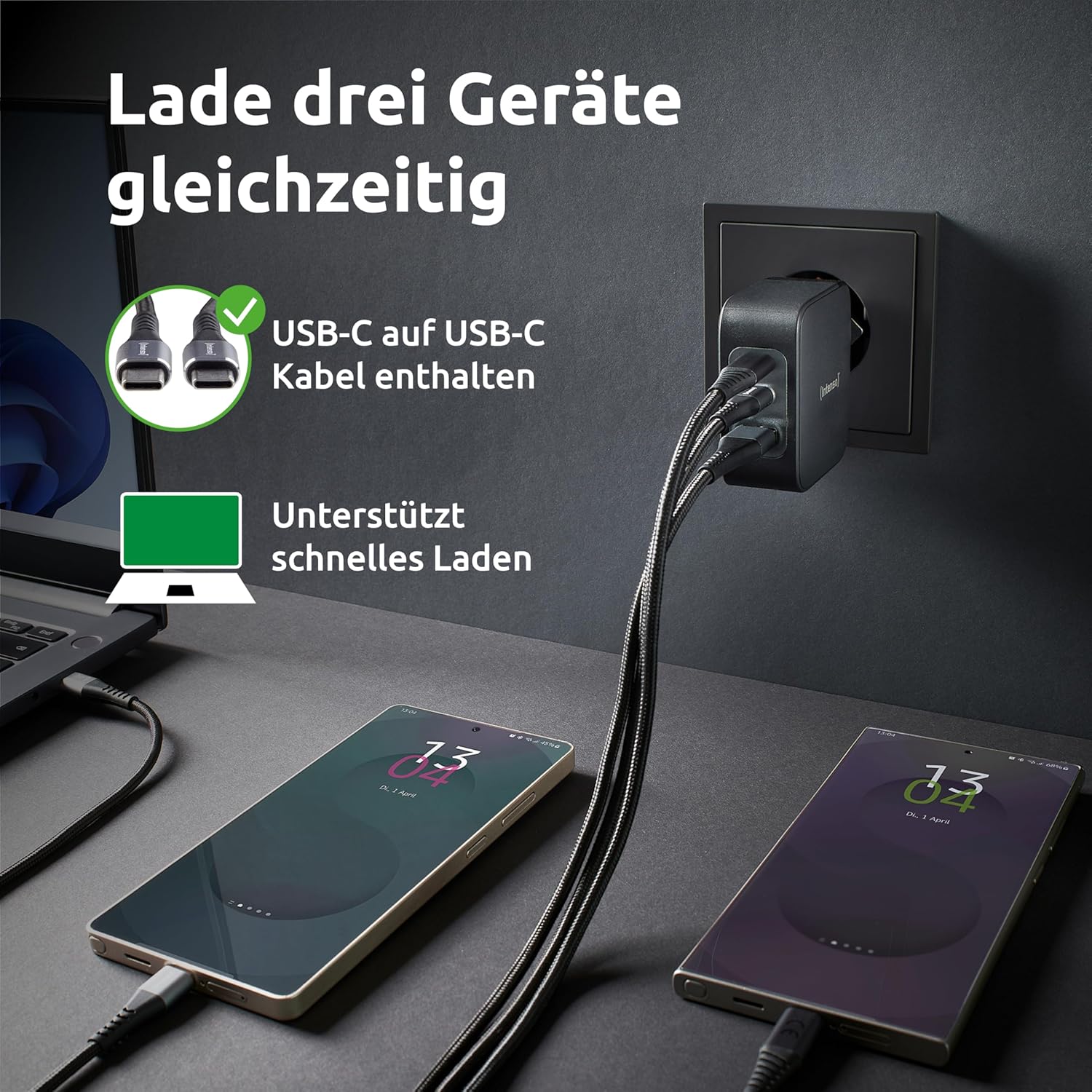 Intenso Power Adapter W100ACC GaN + C520C, 2 x USB-A, alimentatore di rete fino a 100 W, ricarica rapida (PD 3.1, PPS e QC 4.0) + USB-C a C dati + cavo di ricarica per iPhone, Samsung Galaxy, colore