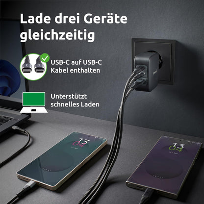 Intenso Power Adapter W100ACC GaN + C520C, 2 x USB-A, alimentatore di rete fino a 100 W, ricarica rapida (PD 3.1, PPS e QC 4.0) + USB-C a C dati + cavo di ricarica per iPhone, Samsung Galaxy, colore