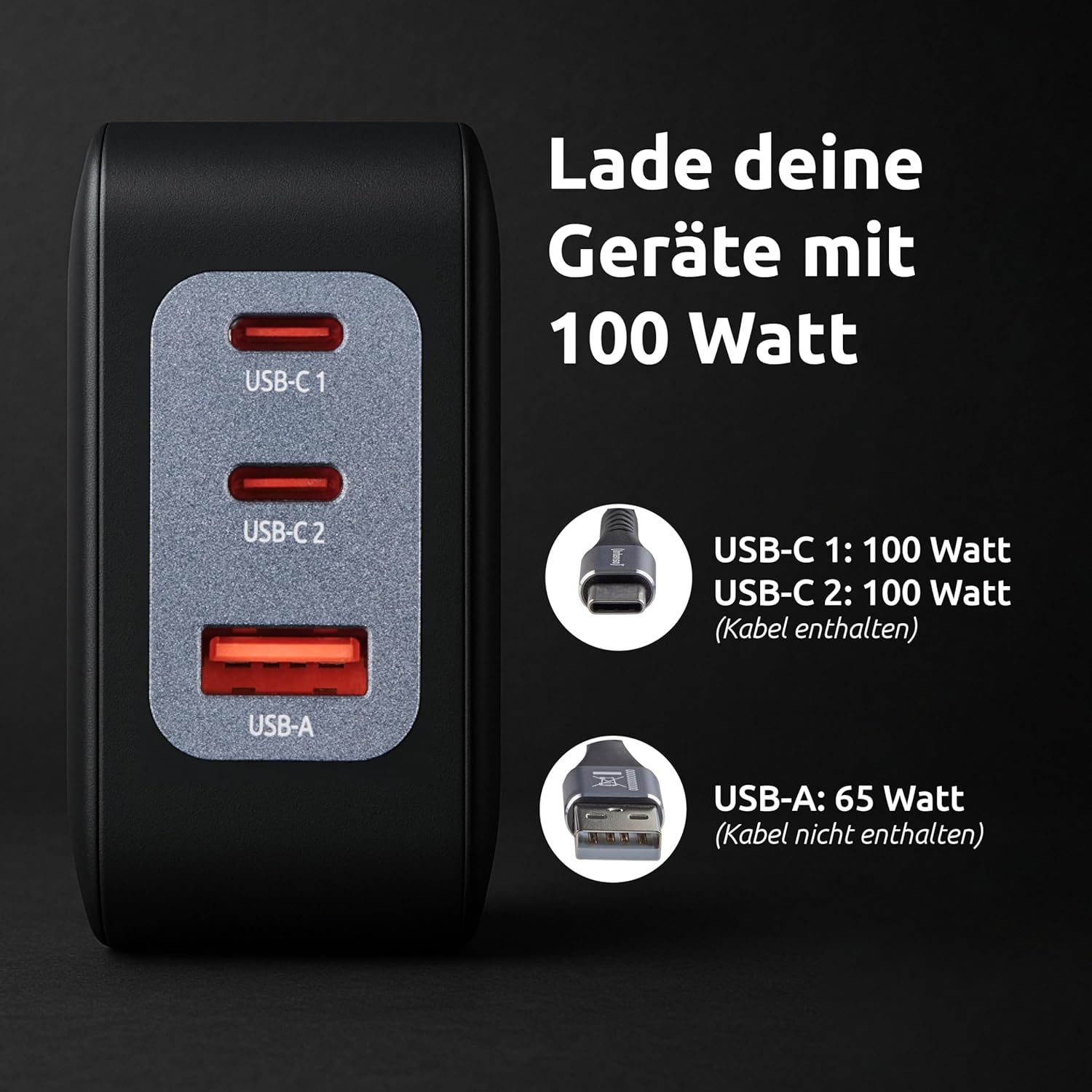 Intenso Power Adapter W100ACC GaN + C520C, 2 x USB-A, alimentatore di rete fino a 100 W, ricarica rapida (PD 3.1, PPS e QC 4.0) + USB-C a C dati + cavo di ricarica per iPhone, Samsung Galaxy, colore