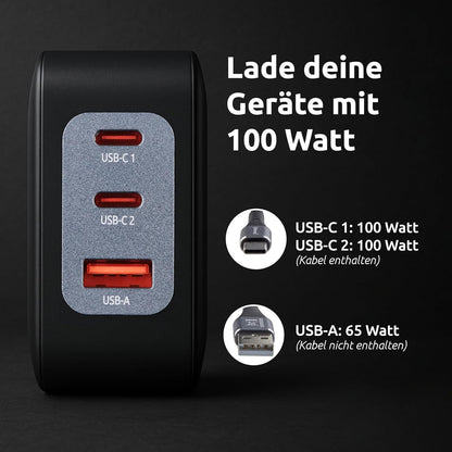 Intenso Power Adapter W100ACC GaN + C520C, 2 x USB-A, alimentatore di rete fino a 100 W, ricarica rapida (PD 3.1, PPS e QC 4.0) + USB-C a C dati + cavo di ricarica per iPhone, Samsung Galaxy, colore
