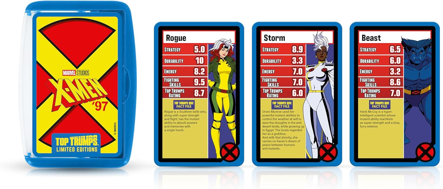 Top Trumps X-Men 97' Limited Edition Case Entertaining card game for 2 plus players makes a great gift for ages 6 plus, Find out how durable Wolverine is, or Jean Grey's energy rating