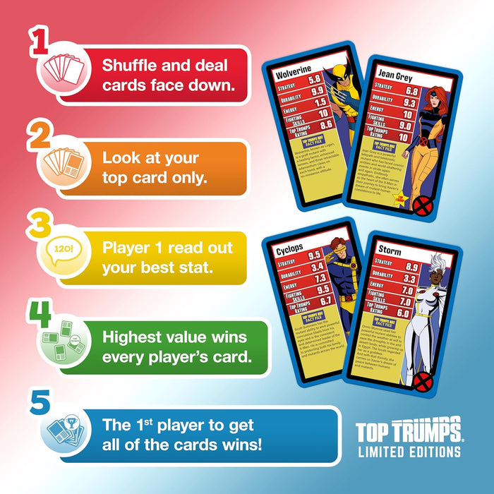 Top Trumps X-Men 97' Limited Edition Case Entertaining card game for 2 plus players makes a great gift for ages 6 plus, Find out how durable Wolverine is, or Jean Grey's energy rating