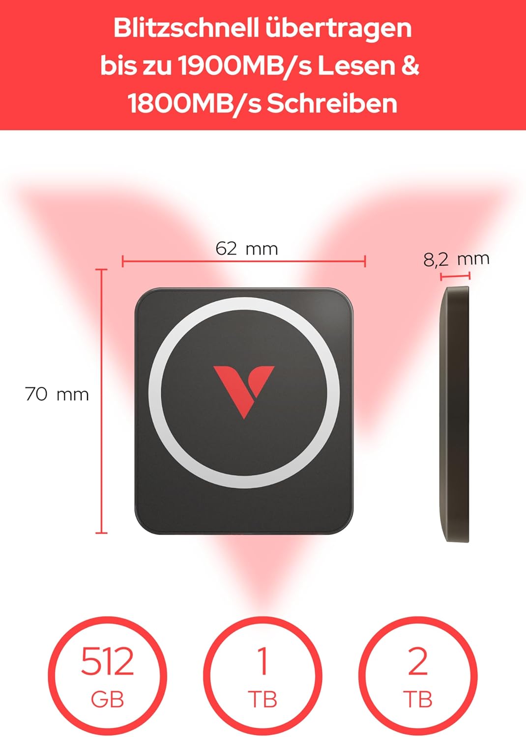 Verbatim Snapback SSD da 512 GB, SSD esterno, USB 3.2 Gen 2x2, fino a 1900 MB/s in lettura e scrittura 1800 MB/s, hard disk esterno portatile con cavo USB C da 20 cm, per iPhone, Android, PC e Mac