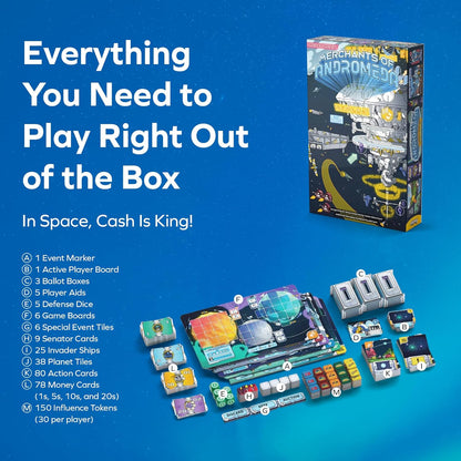 Allplay Merchants of Andromeda | Sci-Fi Board Game with Dutch Auctions, Mini-Games & Political Voting | Strategy Game for 3-6 Players | Ages 13+ | Space Economy Game