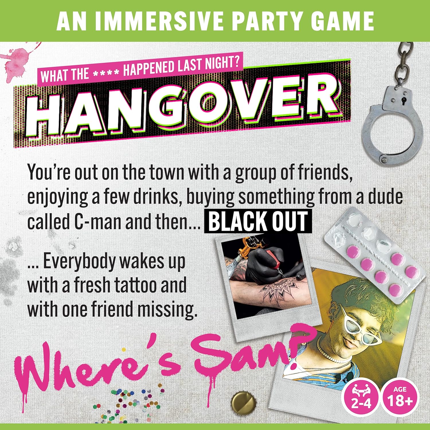 TOMY Hangover Party Game, Story-Driven Mystery Board Game for Adults, Cooperative Gameplay with Mini Games, Timeline Deduction Challenge, 2 to 4 Players, Ages 18+, One-Time Experience