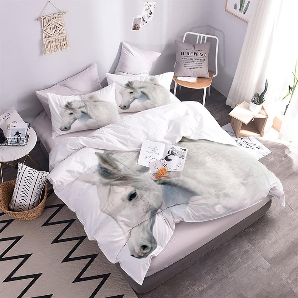 KIMETI Quilt Cover Single Arabian White Horse 3D Printed Duvet Cover Colorful Duvet Cover Set 3 Pieces Animal Soft Comfortable Bedclothes with Zipper Closure and Pillowcase Kids Teens Boys Girls