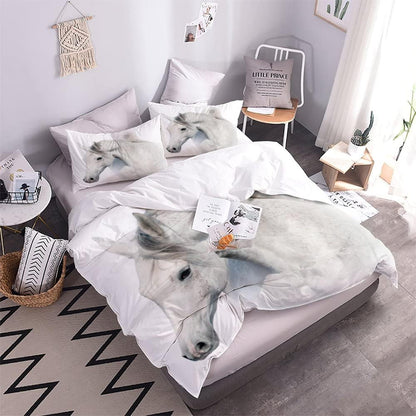 KIMETI Quilt Cover Single Arabian White Horse 3D Printed Duvet Cover Colorful Duvet Cover Set 3 Pieces Animal Soft Comfortable Bedclothes with Zipper Closure and Pillowcase Kids Teens Boys Girls