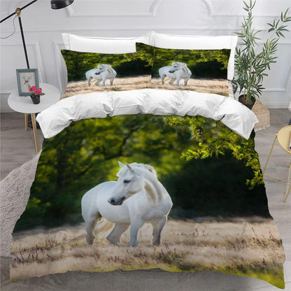 KIMETI Duvet Cover Set King Size White Horse 3D Printed Quilt Cover Microfiber Bedding Set Animals Ultra Soft Hypoallergenic Comforter Cover with Zipper Closure and Pillowcase for Teen Adult