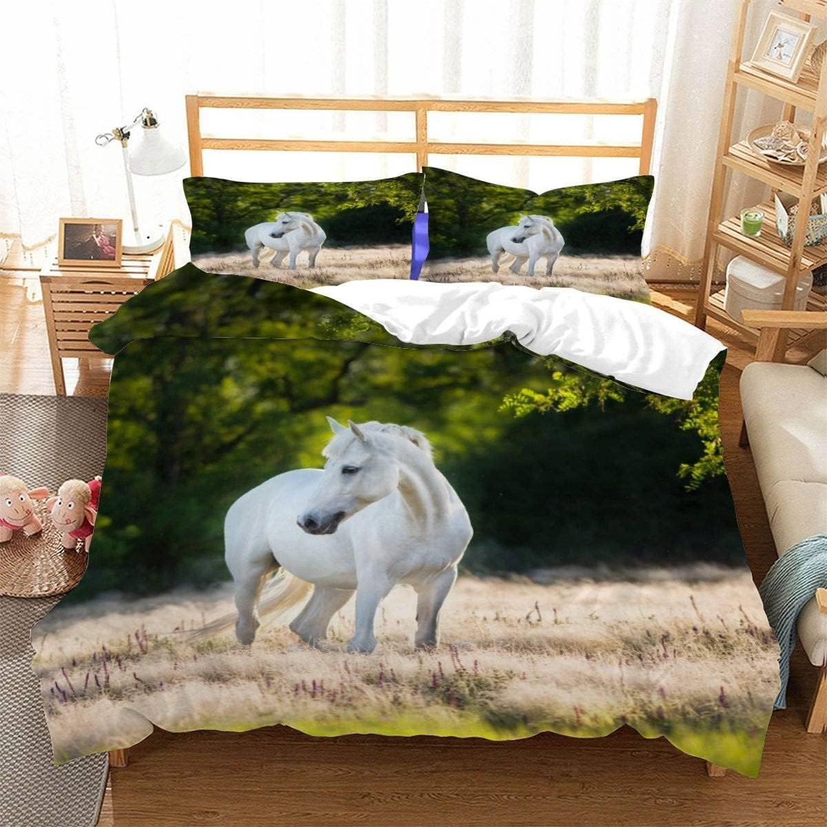 KIMETI Duvet Cover Set King Size White Horse 3D Printed Quilt Cover Microfiber Bedding Set Animals Ultra Soft Hypoallergenic Comforter Cover with Zipper Closure and Pillowcase for Teen Adult