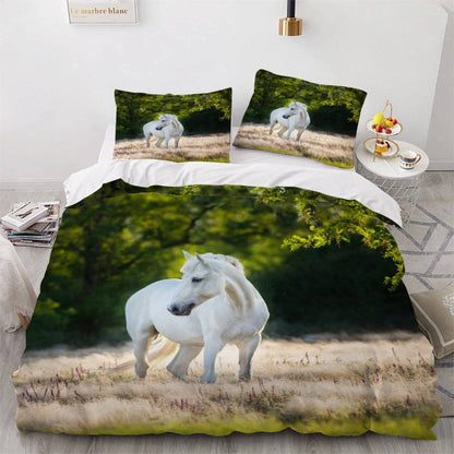 KIMETI Duvet Cover Set King Size White Horse 3D Printed Quilt Cover Microfiber Bedding Set Animals Ultra Soft Hypoallergenic Comforter Cover with Zipper Closure and Pillowcase for Teen Adult