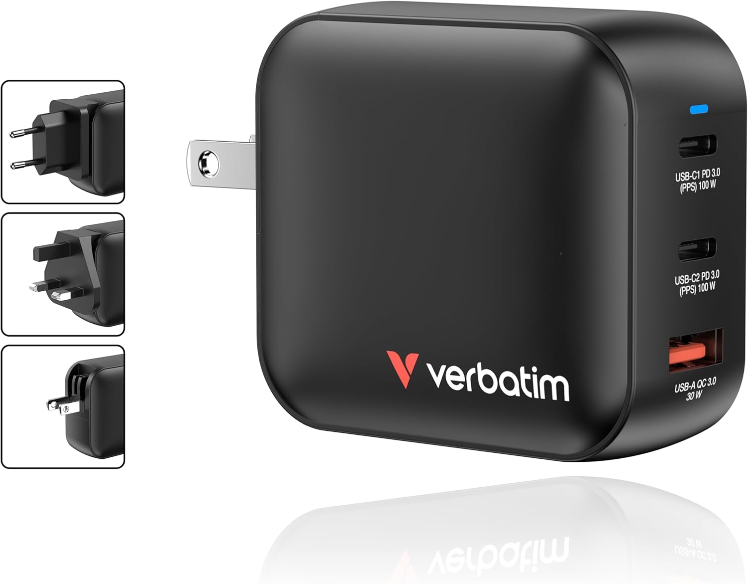 Verbatim - 100Wgan Charger, 3 Port Us Plug With Eu And Uk Adaptors