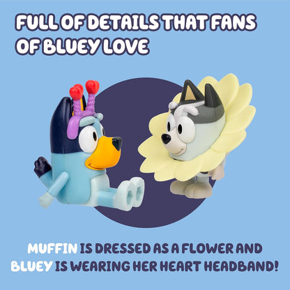 Bluey en Muffin Set van 2 speelgoedfiguren, speelset, lentetijd voor peuters, speelgoedset met verkleedaccessoires, beweegbare beeldjes voor kinderen van 3-5 jaar
