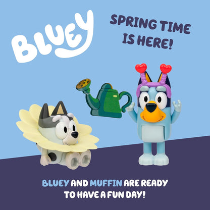 Bluey en Muffin Set van 2 speelgoedfiguren, speelset, lentetijd voor peuters, speelgoedset met verkleedaccessoires, beweegbare beeldjes voor kinderen van 3-5 jaar
