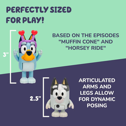 Bluey en Muffin Set van 2 speelgoedfiguren, speelset, lentetijd voor peuters, speelgoedset met verkleedaccessoires, beweegbare beeldjes voor kinderen van 3-5 jaar