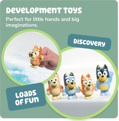 Toomies Bluey Squirter 4-Pack, Bath Toy Set With Bluey, Bingo, Mum And Dad, Water Squirting Fun For Toddlers, Designed For Little Hands, Promotes Motor Skills, Creative Play, Ages 18 Months plus