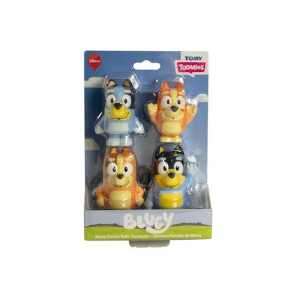 Toomies Bluey Squirter 4-Pack, Bath Toy Set With Bluey, Bingo, Mum And Dad, Water Squirting Fun For Toddlers, Designed For Little Hands, Promotes Motor Skills, Creative Play, Ages 18 Months plus