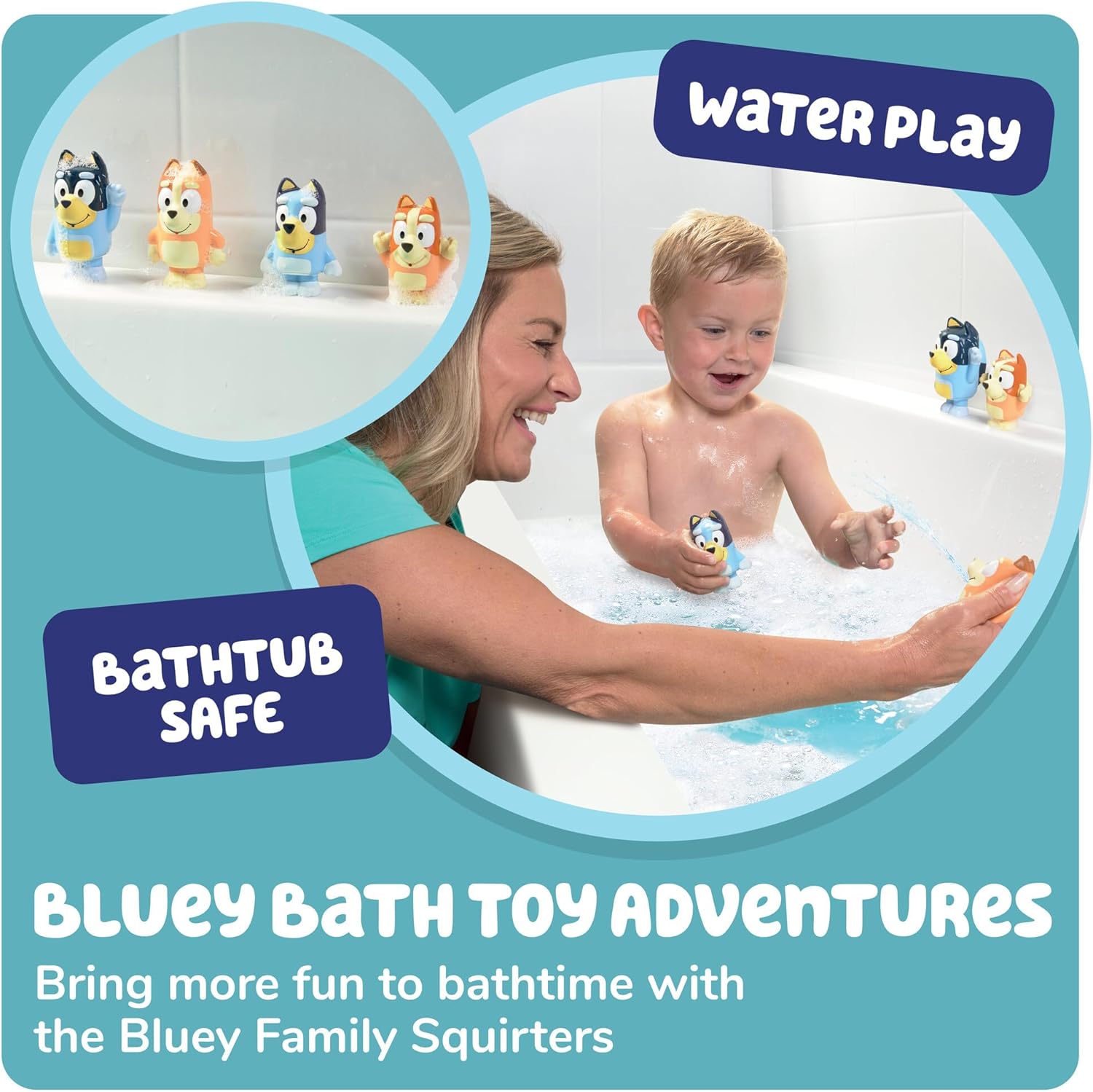 Toomies Bluey Squirter 4-Pack, Bath Toy Set With Bluey, Bingo, Mum And Dad, Water Squirting Fun For Toddlers, Designed For Little Hands, Promotes Motor Skills, Creative Play, Ages 18 Months plus