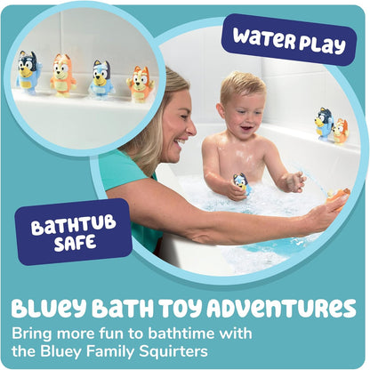 Toomies Bluey Squirter 4-Pack, Bath Toy Set With Bluey, Bingo, Mum And Dad, Water Squirting Fun For Toddlers, Designed For Little Hands, Promotes Motor Skills, Creative Play, Ages 18 Months plus