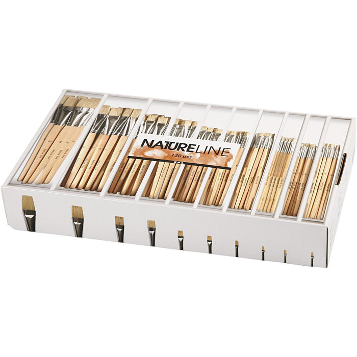 Creativ Company 10648 platte kwast, 120 stuks (s) multifunctionele penselen (kwastenset, assortiment, platte kwasten, hout, doos, 120 stuks