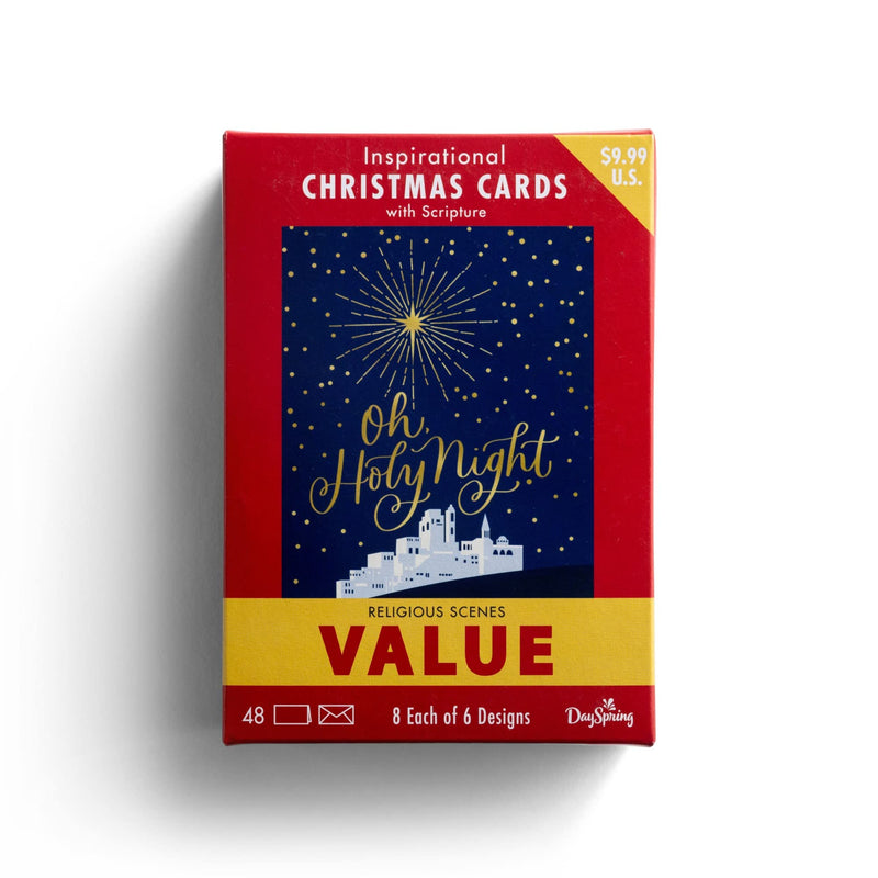 DaySpring Oh Holy Night – Religious Scenes Bulk Christmas Boxed Cards - 6 Design Assortment With KJV Scripture - 48 Inspirational Christmas Cards & Envelopes