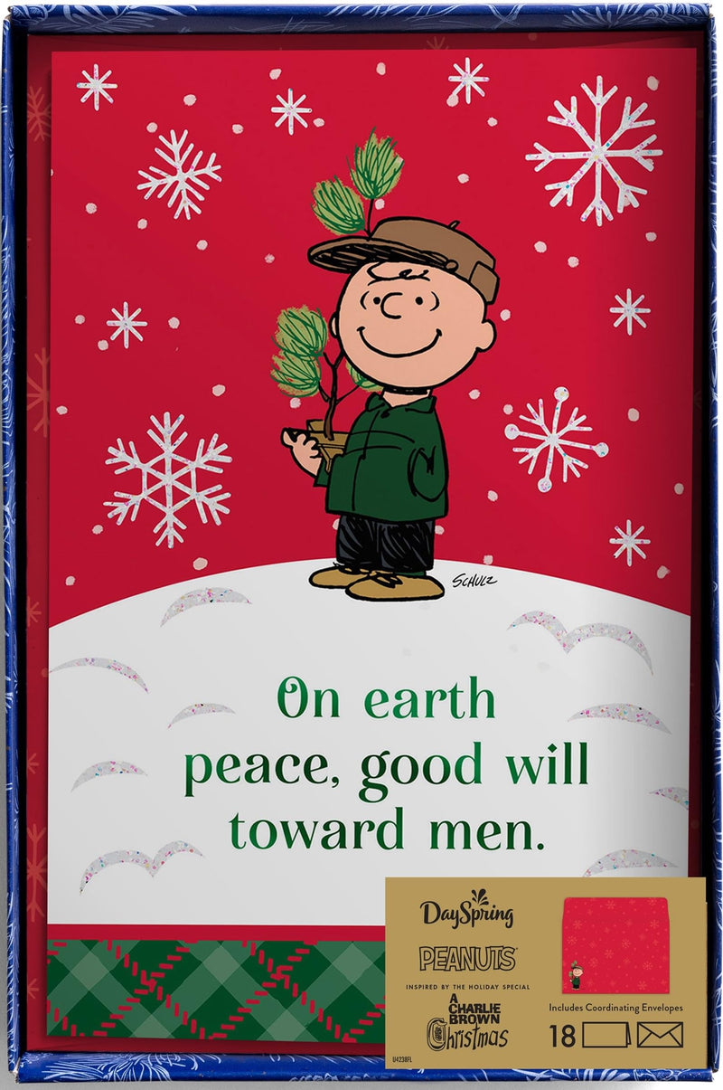 Dayspring - Peanuts Peace Good Will Toward Men - 18 Christmas Boxed Cards and Envelopes, KJV