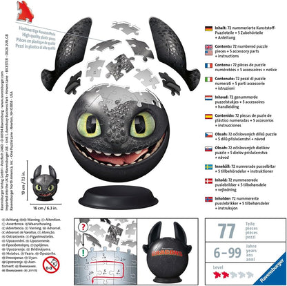 Ravensburger How to Train Your Dragon Toothless with Ears 72-Piece Puzzle Ball – 3D Jigsaw Puzzle Toy for Kids & Adults, Interactive Brain Teaser