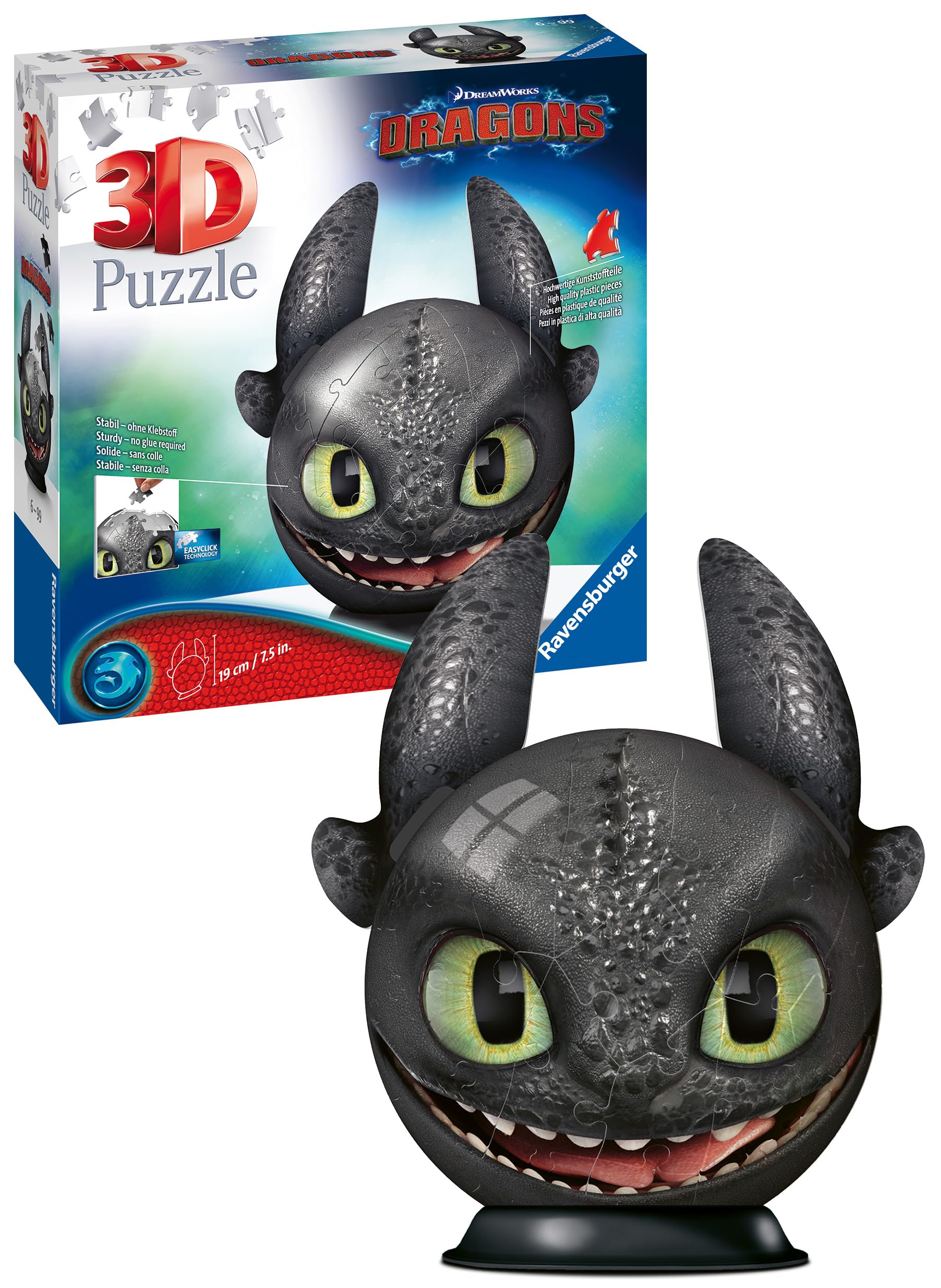 Ravensburger How to Train Your Dragon Toothless with Ears 72-Piece Puzzle Ball – 3D Jigsaw Puzzle Toy for Kids & Adults, Interactive Brain Teaser