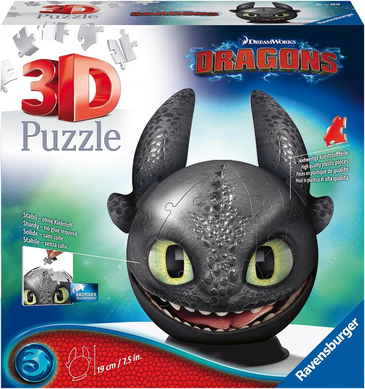 Ravensburger How to Train Your Dragon Toothless with Ears 72-Piece Puzzle Ball – 3D Jigsaw Puzzle Toy for Kids & Adults, Interactive Brain Teaser