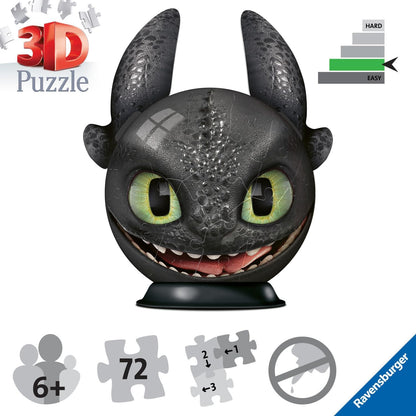 Ravensburger How to Train Your Dragon Toothless with Ears 72-Piece Puzzle Ball – 3D Jigsaw Puzzle Toy for Kids & Adults, Interactive Brain Teaser