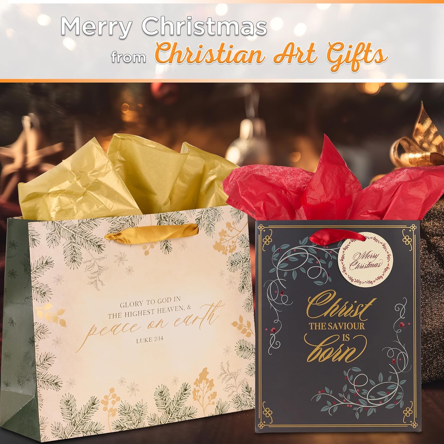 Christian Art Gifts Christmas Holiday Landscape Style Gift Bag Set w/Festive Greeting Card & Tissue Paper - Glory to God in the Highest - Luke 2:14 Inspirational Bible Verse, White & Gold, Large
