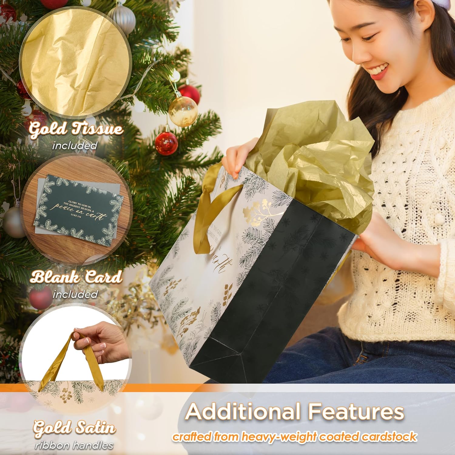 Christian Art Gifts Christmas Holiday Landscape Style Gift Bag Set w/Festive Greeting Card & Tissue Paper - Glory to God in the Highest - Luke 2:14 Inspirational Bible Verse, White & Gold, Large