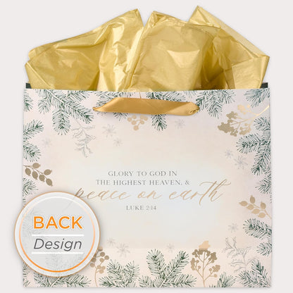 Christian Art Gifts Christmas Holiday Landscape Style Gift Bag Set w/Festive Greeting Card & Tissue Paper - Glory to God in the Highest - Luke 2:14 Inspirational Bible Verse, White & Gold, Large