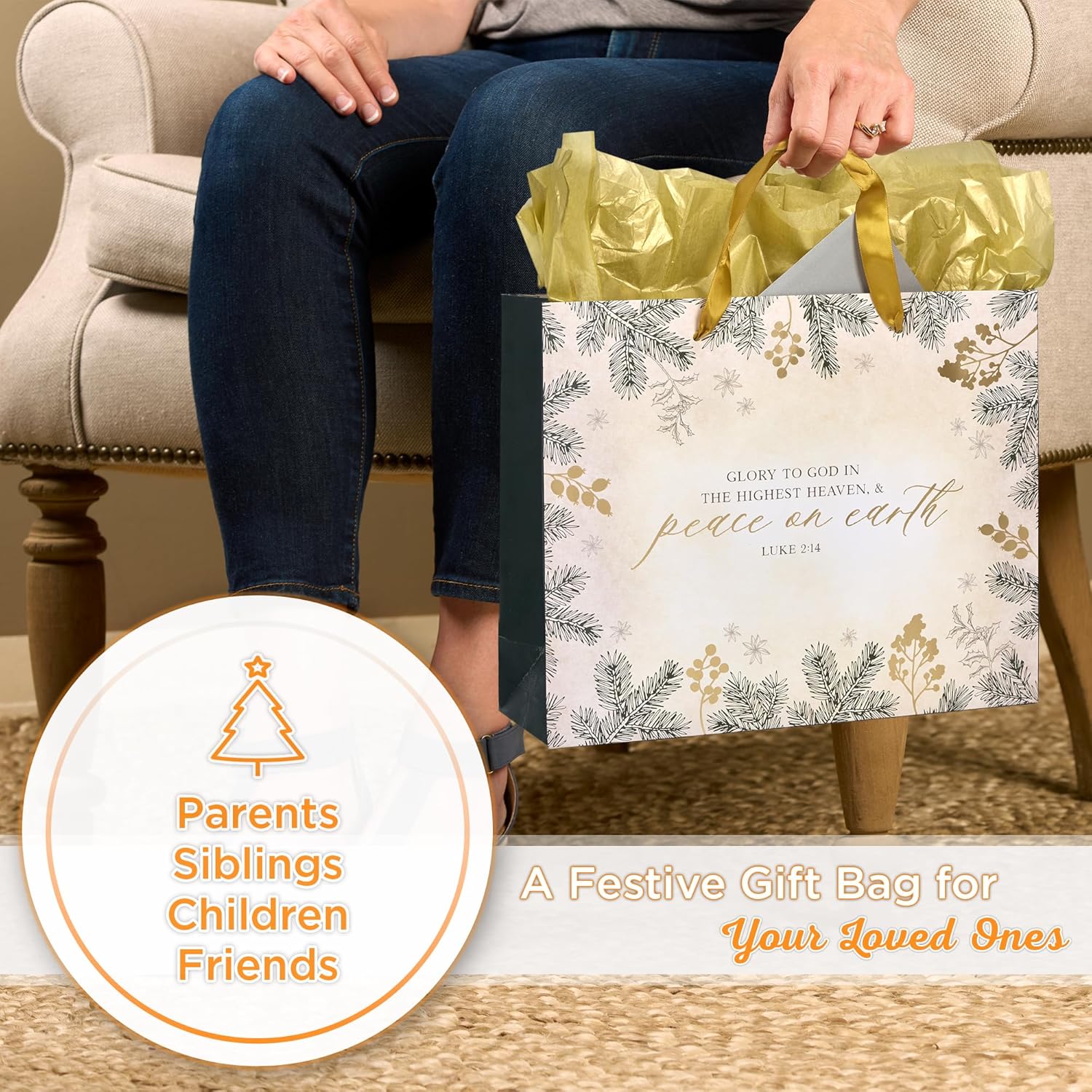 Christian Art Gifts Christmas Holiday Landscape Style Gift Bag Set w/Festive Greeting Card & Tissue Paper - Glory to God in the Highest - Luke 2:14 Inspirational Bible Verse, White & Gold, Large