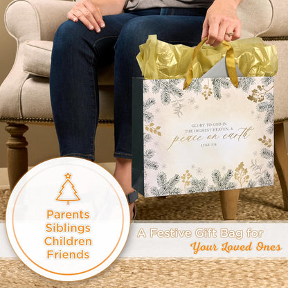 Christian Art Gifts Christmas Holiday Landscape Style Gift Bag Set w/Festive Greeting Card & Tissue Paper - Glory to God in the Highest - Luke 2:14 Inspirational Bible Verse, White & Gold, Large