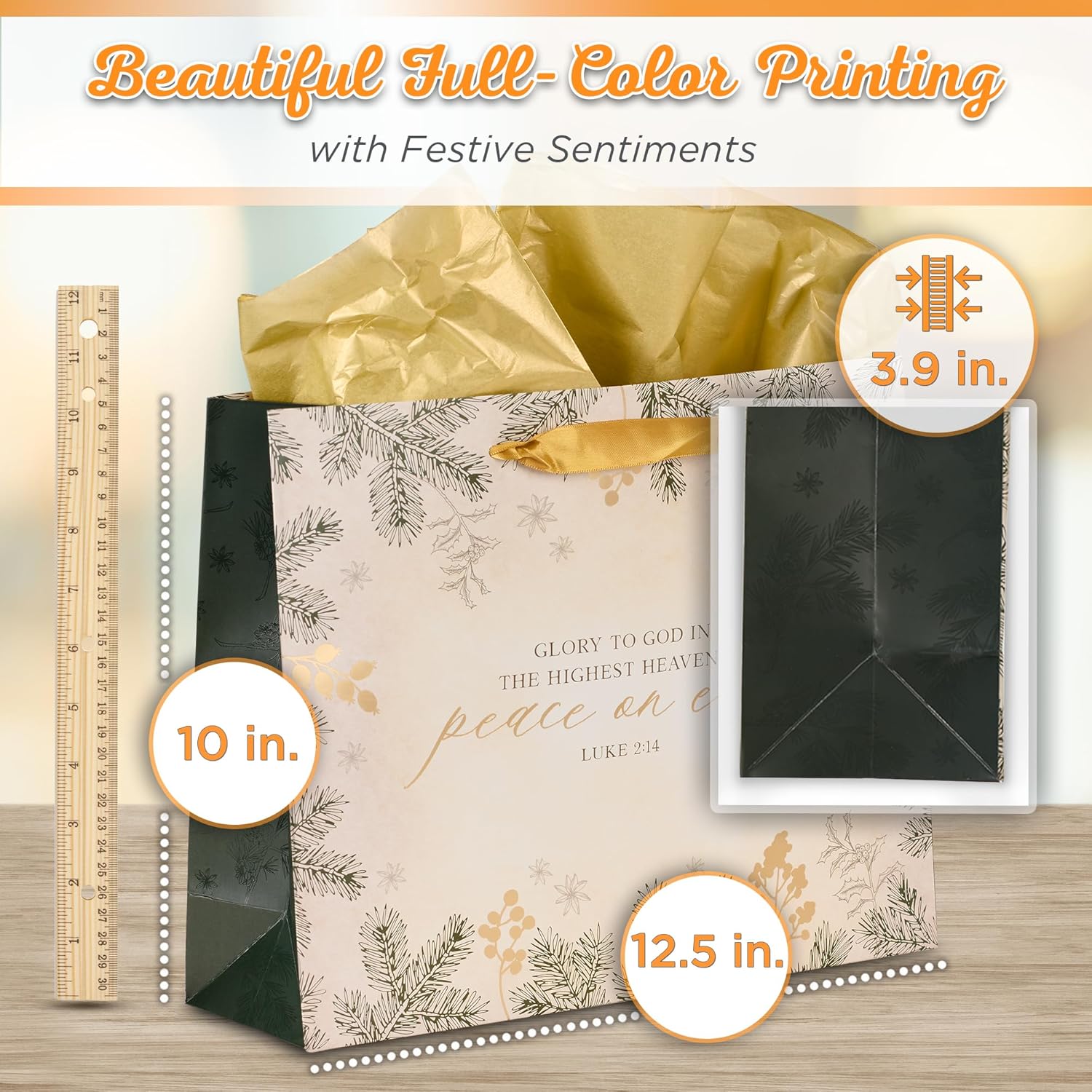 Christian Art Gifts Christmas Holiday Landscape Style Gift Bag Set w/Festive Greeting Card & Tissue Paper - Glory to God in the Highest - Luke 2:14 Inspirational Bible Verse, White & Gold, Large