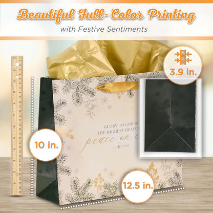 Christian Art Gifts Christmas Holiday Landscape Style Gift Bag Set w/Festive Greeting Card & Tissue Paper - Glory to God in the Highest - Luke 2:14 Inspirational Bible Verse, White & Gold, Large