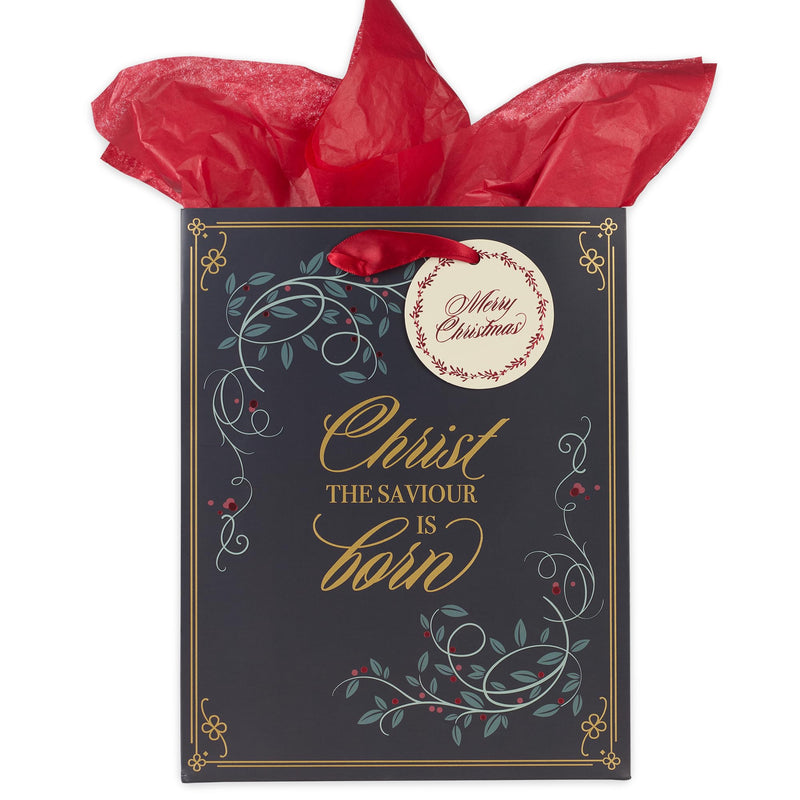 Christian Art Gifts Christmas Holiday Portrait Style Gift Bag & Tissue Paper Set w/Tag: Christ the Savior is Born - Silent Night Carol Wrapping Essential for Presents, Black, Gold, & Red, Medium