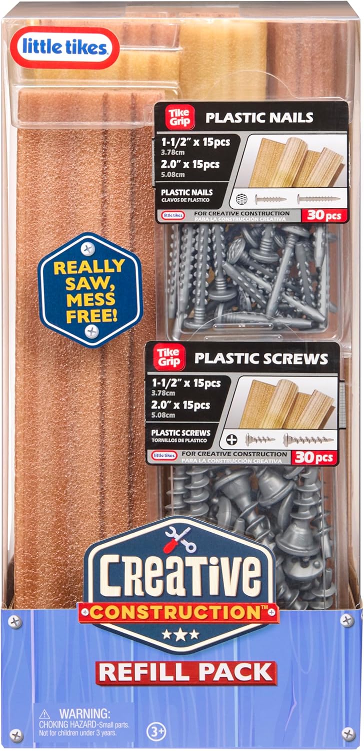 little tikes Creative Construction Wood, Nails, & Screws Bundle - Includes 9 Refill Items, Pretend Play Construction Set, Suitable for Boys and Girls Ages 3+ Years