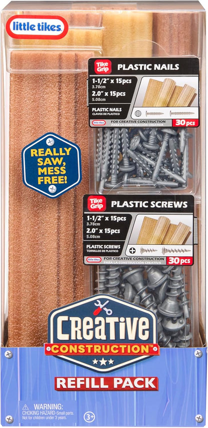 little tikes Creative Construction Wood, Nails, & Screws Bundle - Includes 9 Refill Items, Pretend Play Construction Set, Suitable for Boys and Girls Ages 3+ Years